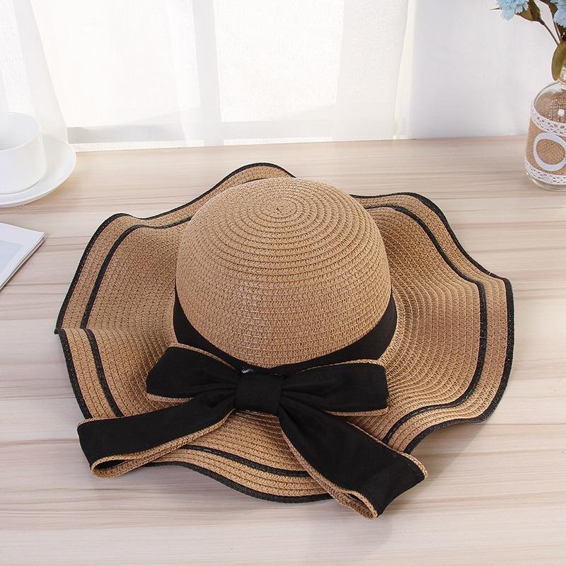 Summer Bow Sun Hat Female, Seaside Beach Vacation Sun Hat Outdoor Big Brim Sun Hat Sweet Straw Hat
