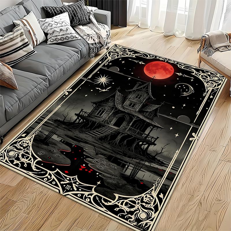 Haunted House Carpet with Red Moon and Gothic Pattern Design Suitable for use as an anti-slip for living room bedroom sofas