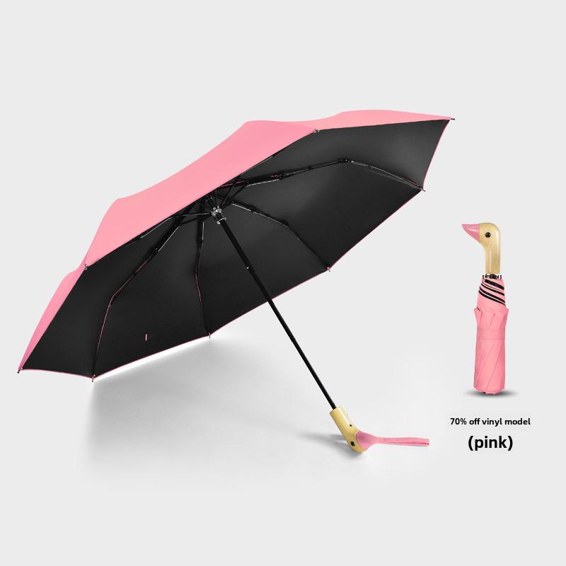 Creative Duck Head Umbrella: Stylish Black with Wooden Handle, Sun Protection, Dual-Purpose for Rain or Shine.