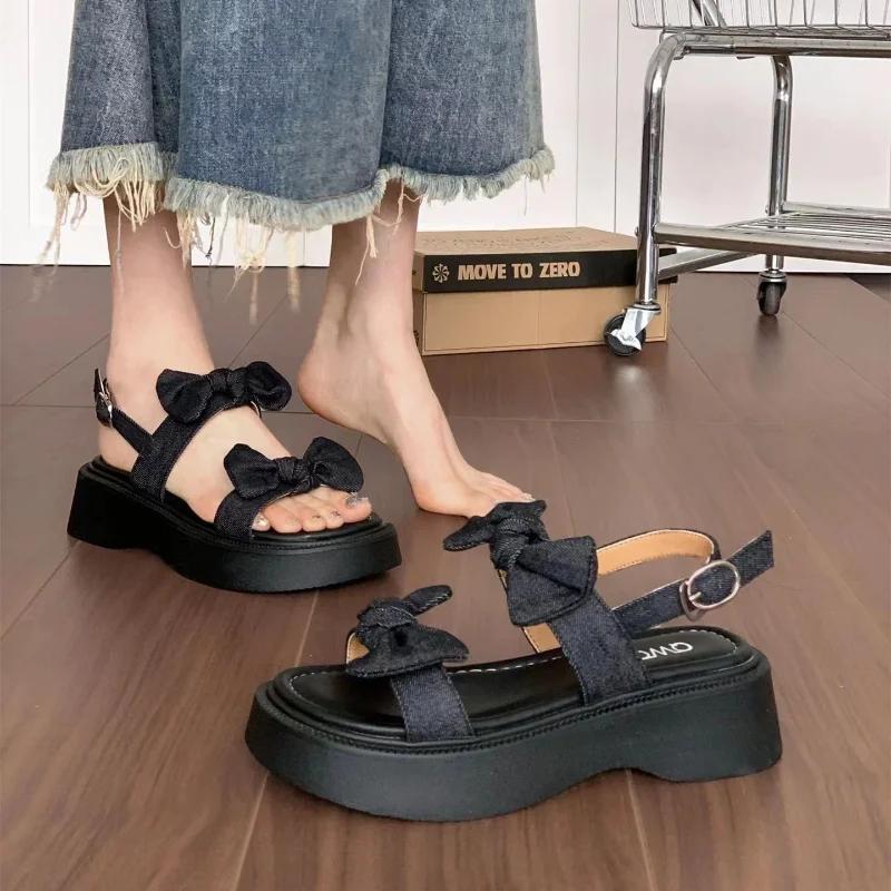 Fashion Platform One Word Blue Sandals for Women Outdoor Roman Style Bow Footwear Ladies Shoes Summer 2024 Trend Casual Comfort On Offer