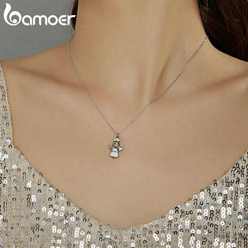 Bamoer authentische Schutzengel-Kette aus 925er-Sterlingsilber, weißer Emaille-Schmuck, bestes Geschenk für die Familie