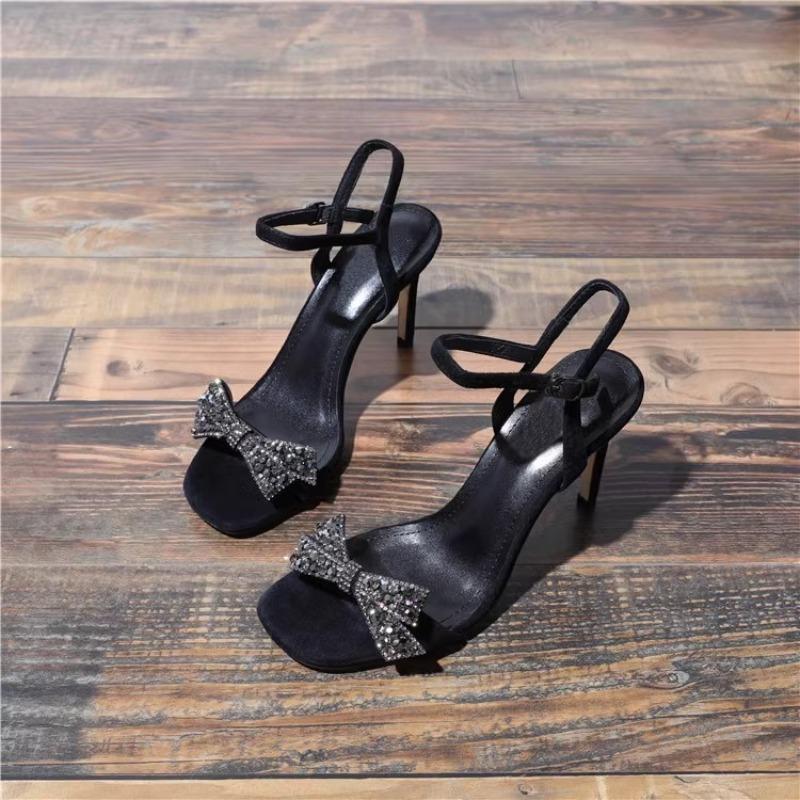 Fashion Summer Rhinestone Bowtie Kitten Heels Sandals Women Ladies Ankle Strap Sandals Open Toe Party Crystal Knot High Heels For Lady