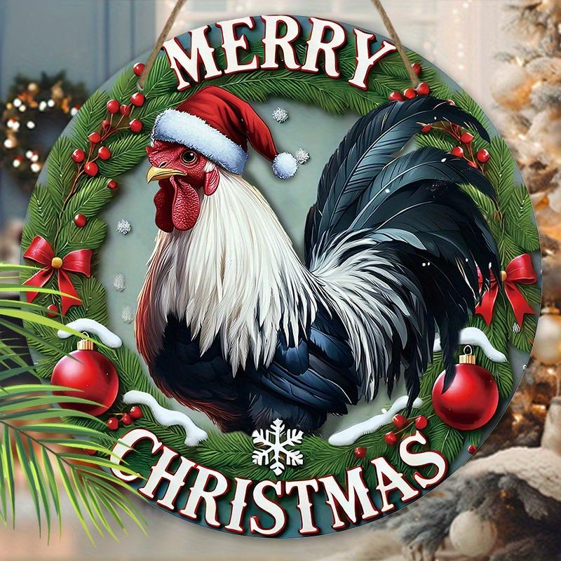 The Majestic Rooster Wooden Christmas Sign, Merry Christmas Round Sign for Front Door Wall Hanging Decor, Ideal Christmas Gift