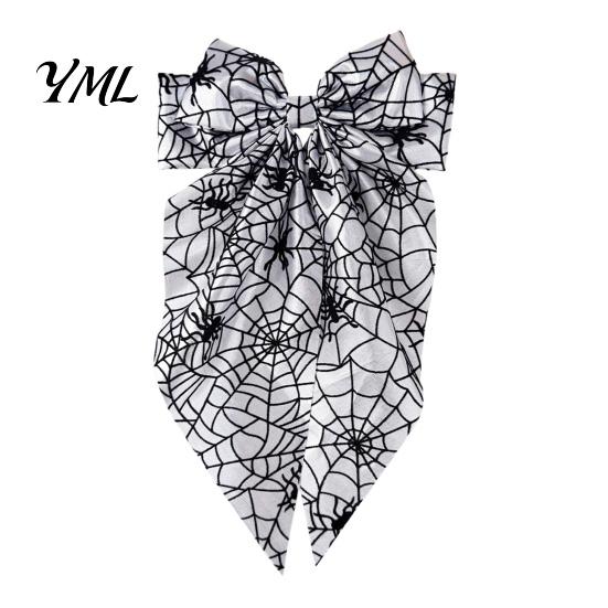 Holiday Themed Hair Accessories for Women Halloween Bow Clip Girls, Spider Web Barrettes Chic Satin Bows with Streamers Clips, Large Bowknot