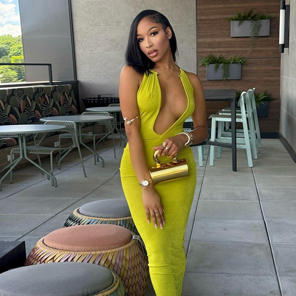 European and American New Women's Clothing New Sense Slim Deep V-neck Metal Neck Long Dress