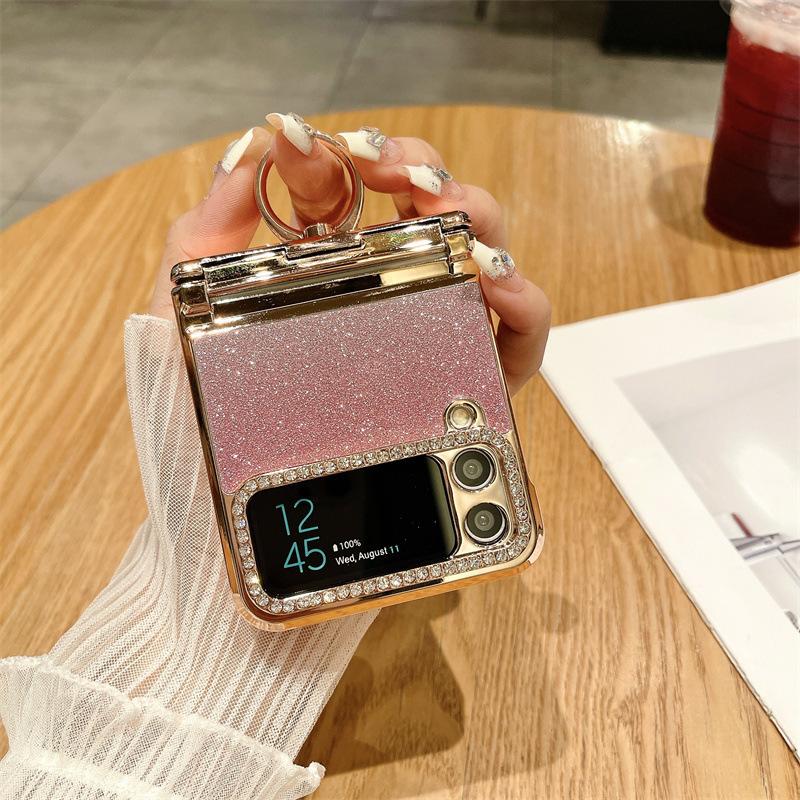 Applicable To Samsung Zflip4 Mobile Phone Case Zflip3 Folding Screen Diamond Glitter All-Inclusive Anti-Drop Protective Leather Case