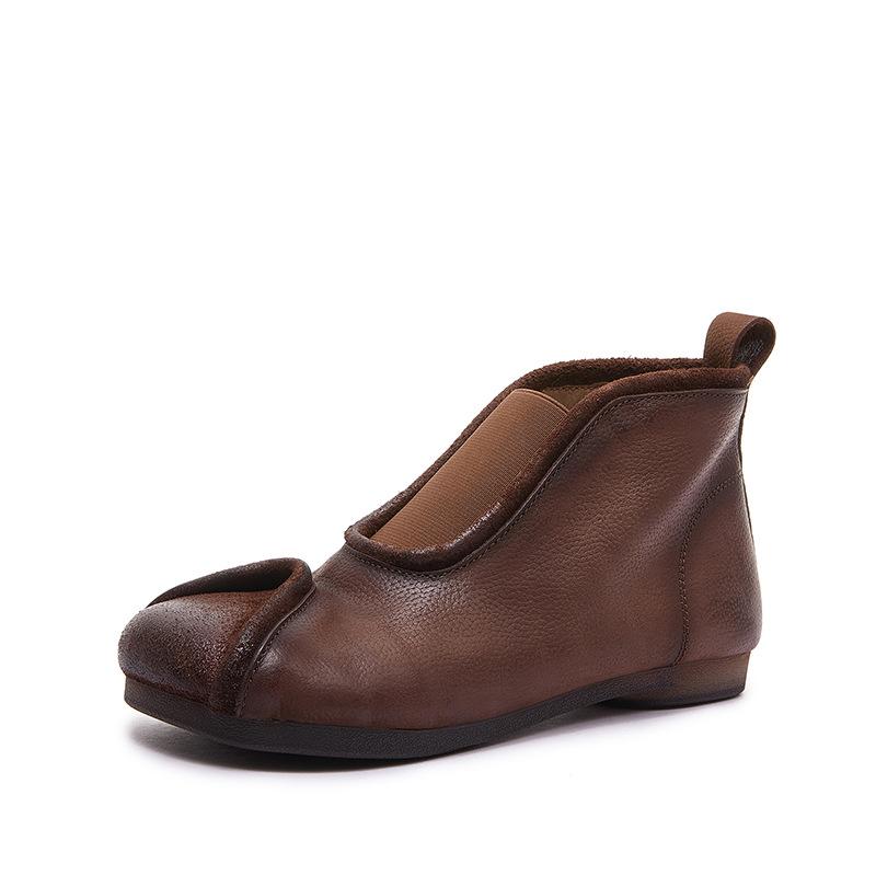 Johnature Handmade Vintage Genuine Leather Flat Ankle Boots Round Toe Soft Cowhide Women's Slip-on Shoes