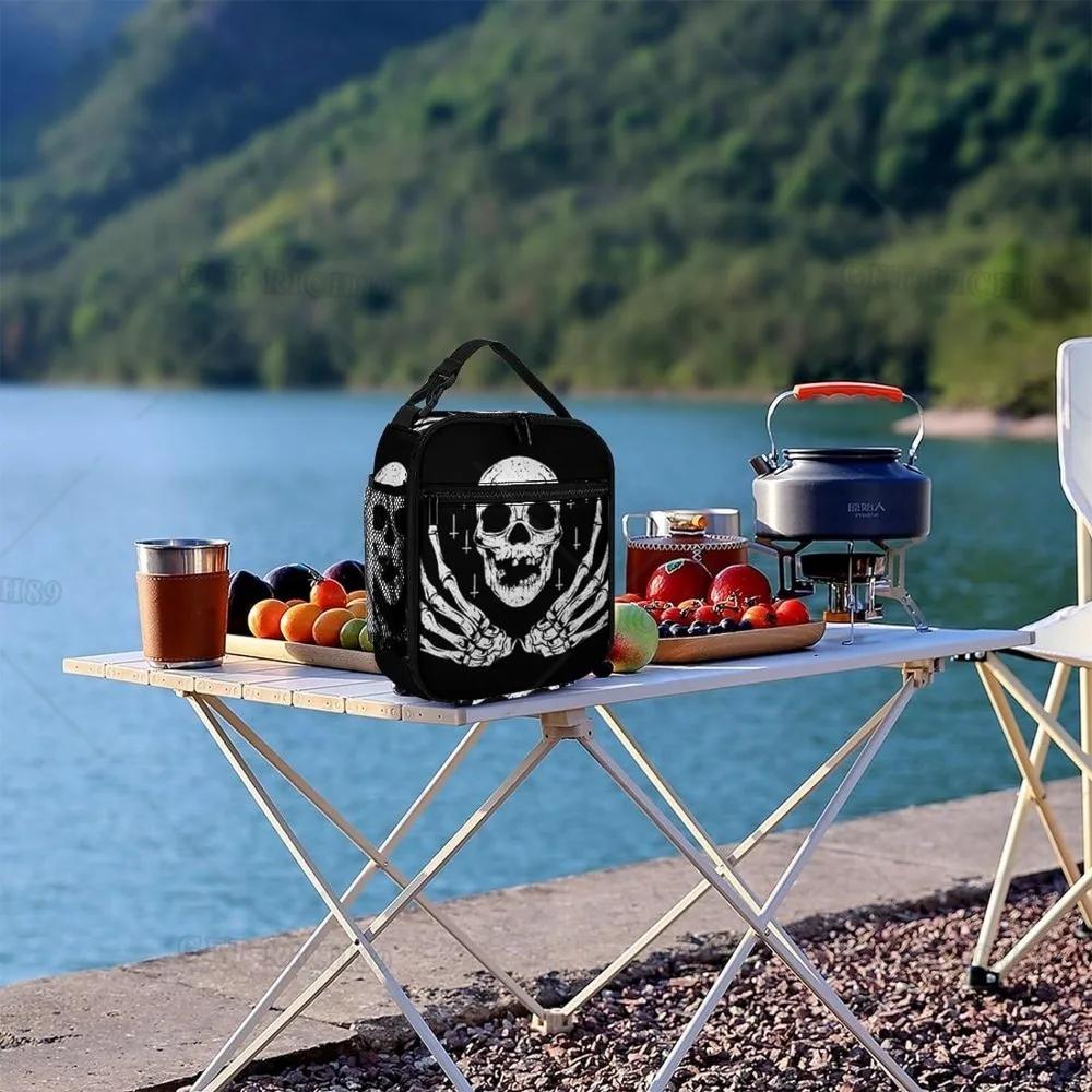 Pray Skull Pattern Lunch Box for Women Men, Reusable Insulated and Portable Lunch Bag with Side Pocket for Work Picnic Beach