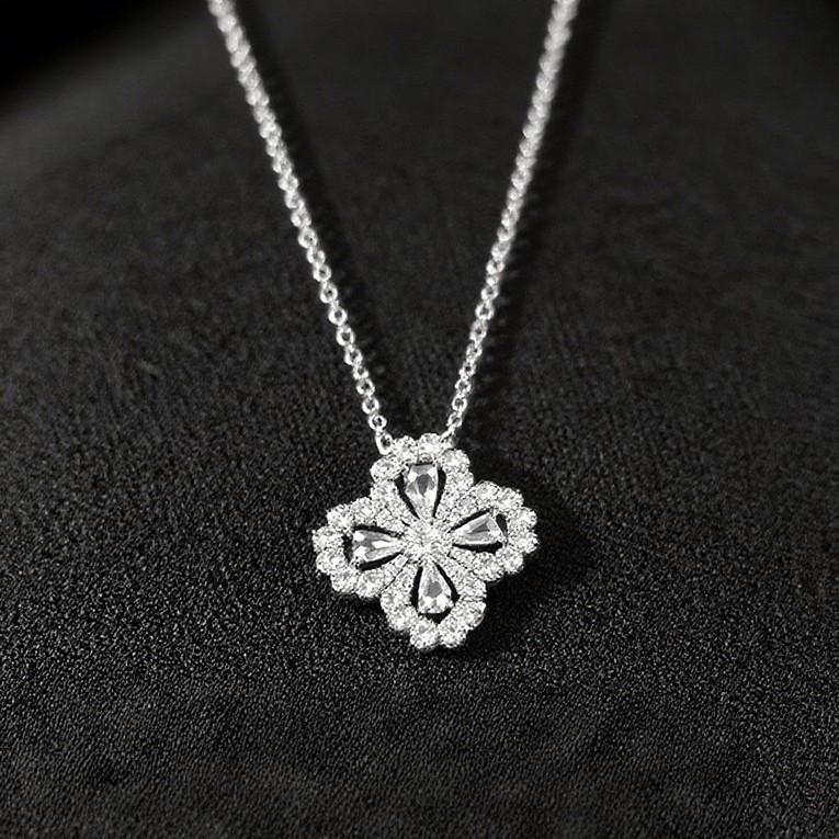 925 Sterling Silver Four-Leaf Clover Diamond Necklace - Women's Luxury Fashion