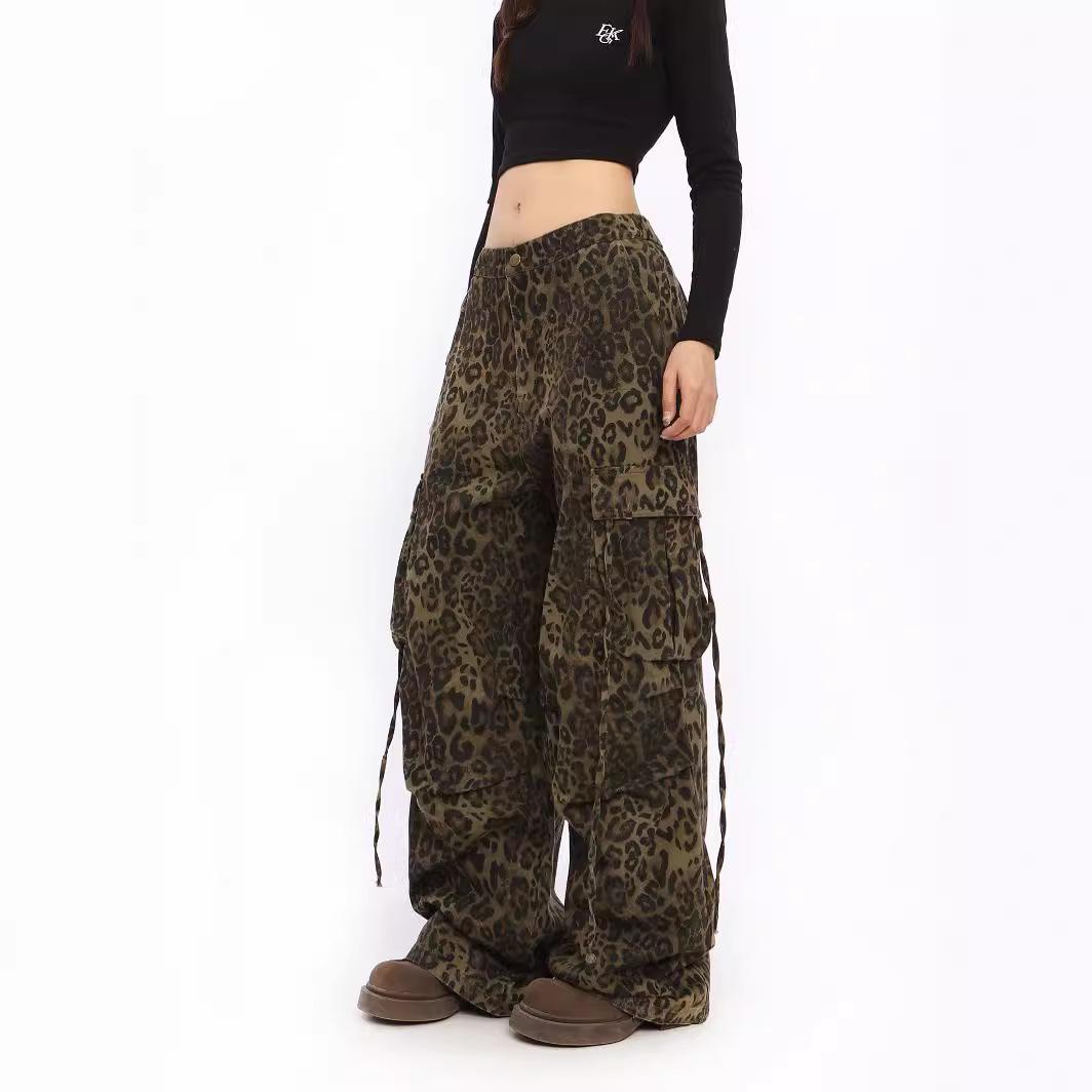 

Широкие рабочие брюки American Street с леопардовым принтом для женщин — ранняя весна, с высокой талией, утягивающие, свободного кроя, повседневные. Large