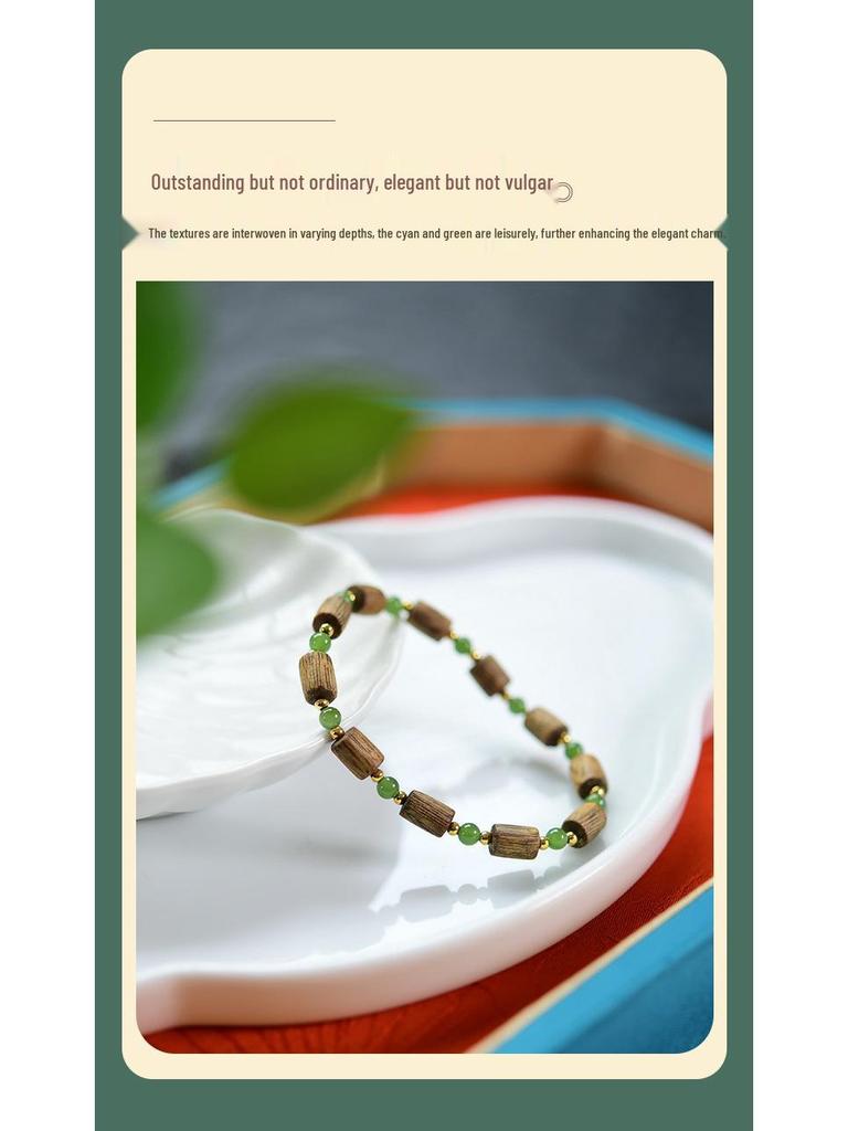 Natural Agarwood & Hetian Jade Bracelet with 925 Silver Beads (No Oiling)