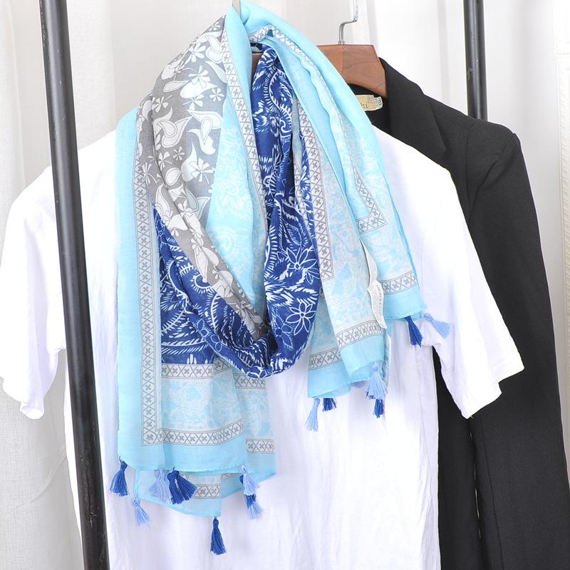 Ethnic Style Blue and White Porcelain Cotton and Linen Scarf, Women's Artistic Shawl, Travel Sunscreen Scarf, Office Shawl