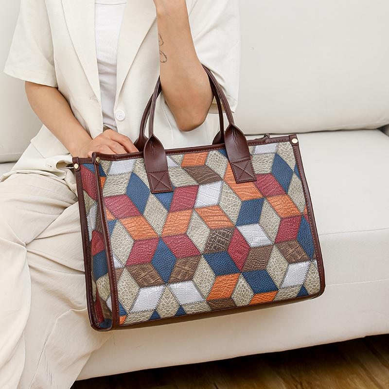 Colorblock Damen Schultertasche Gespleißte Tragetasche mit großem Fassungsvermögen Weiches Leder Leichte Handtasche