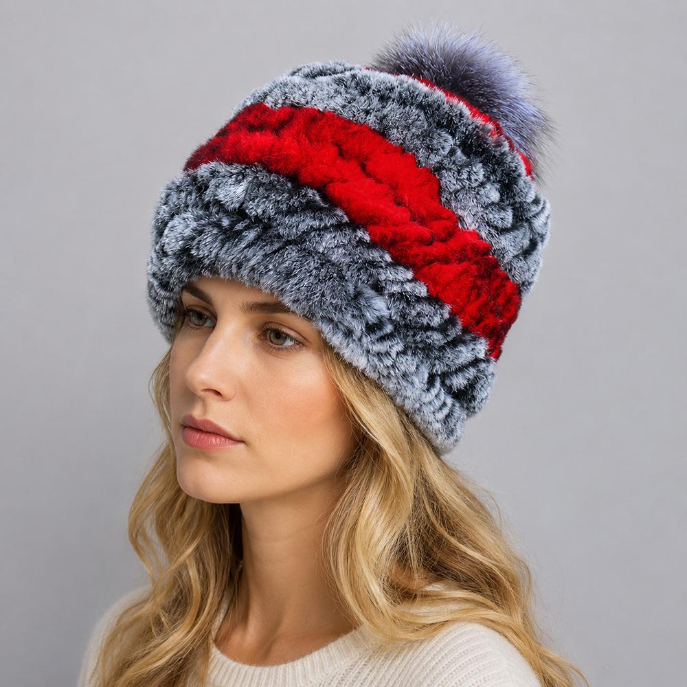 New Luxury Knitted Real Genuine Fox Fur Hats Women Beanies Solid Rex Rabbit Fur Caps Winter Lady Party Fashion Fur Hat Skullies