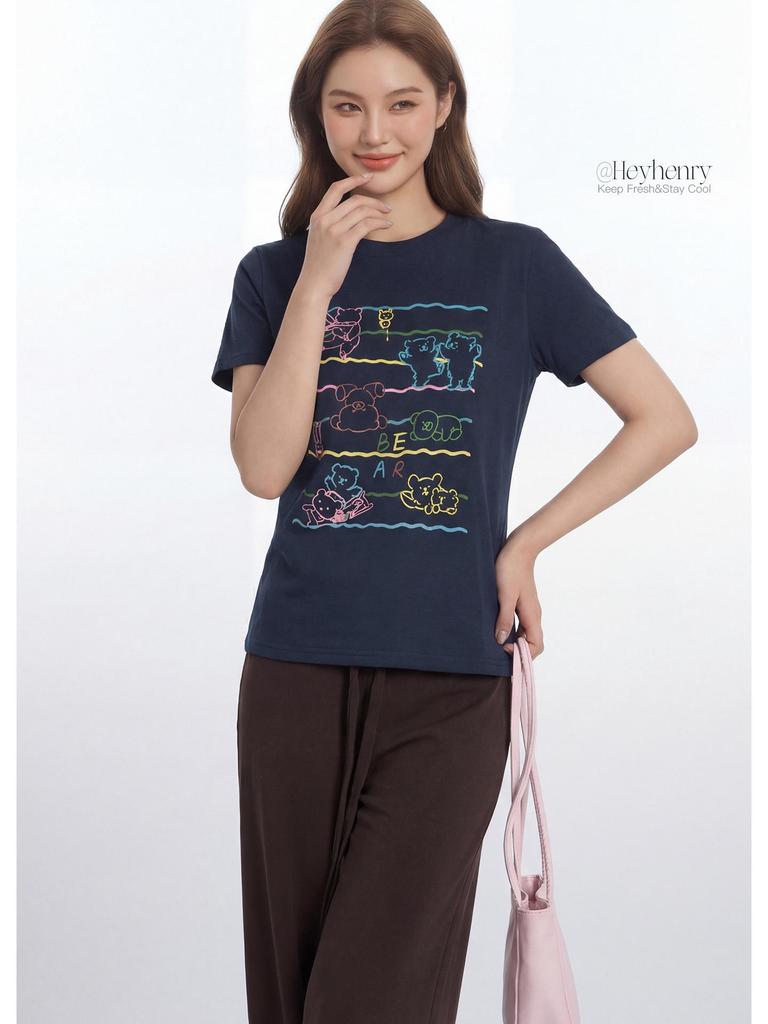 HeyHenry Women's Summer 2025 Cotton Print Short Sleeve T-shirt - Versatile Round Neck Casual Top