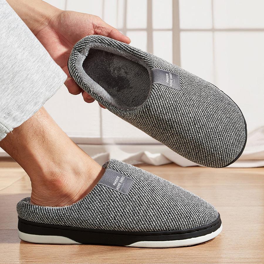 Men's Home Slippers 2024 Winter Warm Fuzzy Lined Male House Shoes Stripe Soft Memory Foam Non-slip Indoor Slipper Man Plus Size