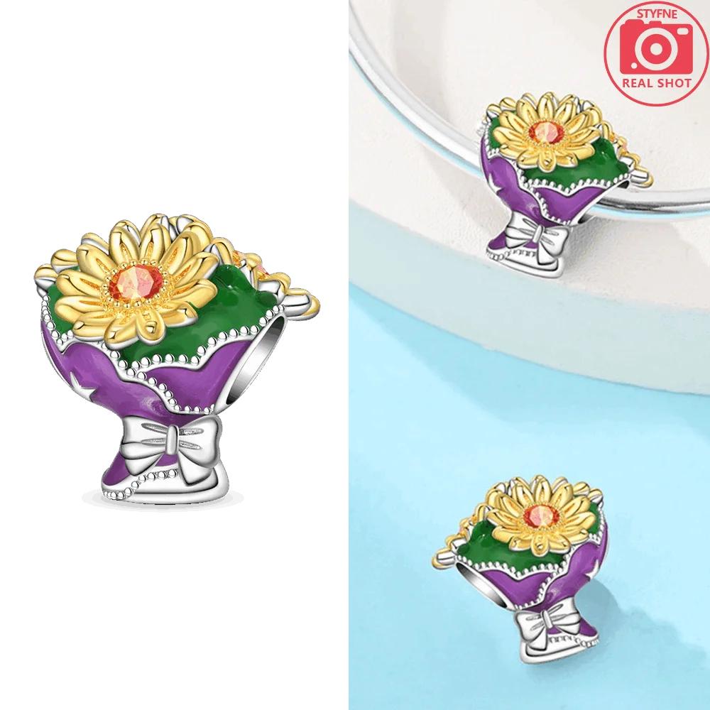 Anniversary Original Copper Pink Roses Sunflowers Tulips Flower Spirit Charms Beads Fit Bracelet Women Diy Fine Gift Jewelry