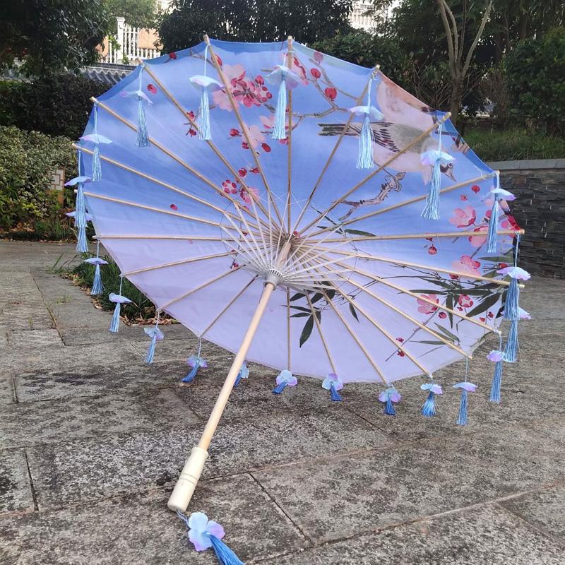 1PC Umbrella 70/82CM Oil Paper for Women Girl Performance Photo Props Antique Umbrella Parasol Satin Cloth Tassel