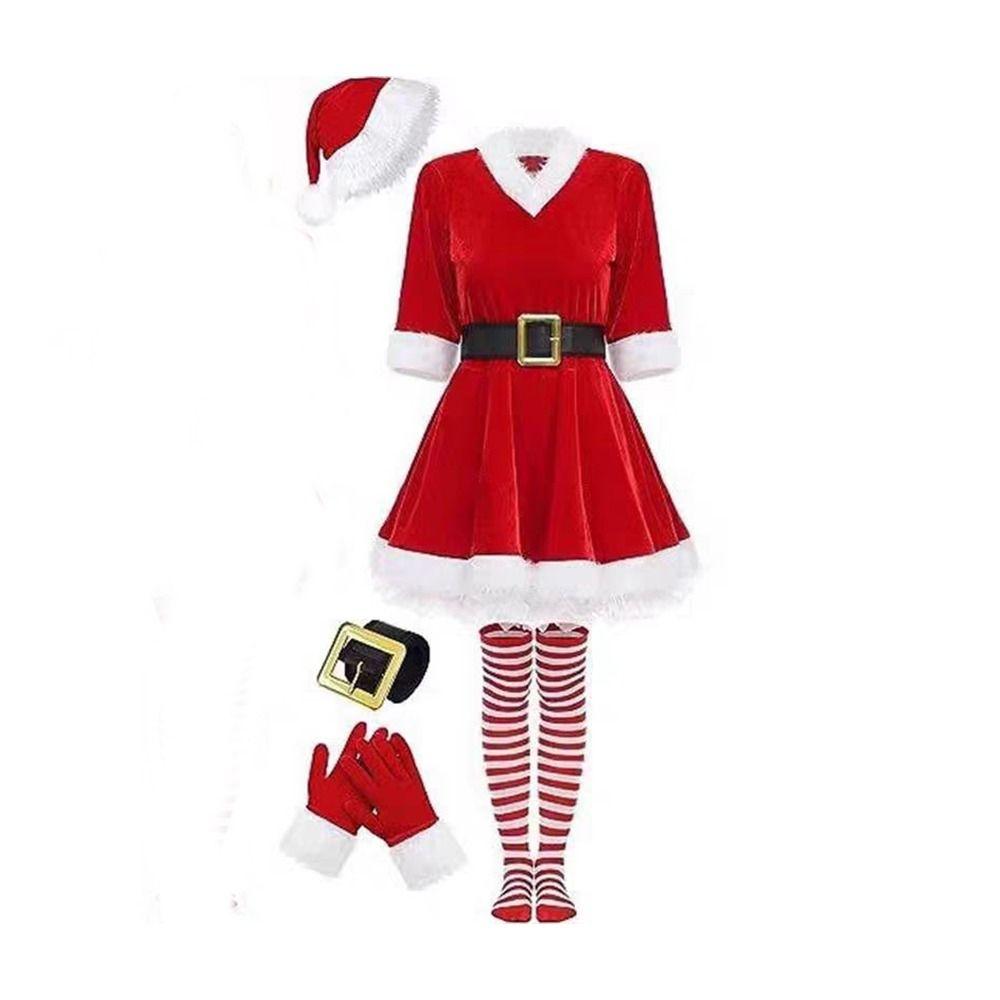 Christmas Tree Skirt Christmas Dress Red Red Cosplay Dress Socks Mrs. Claus Costume Set Women