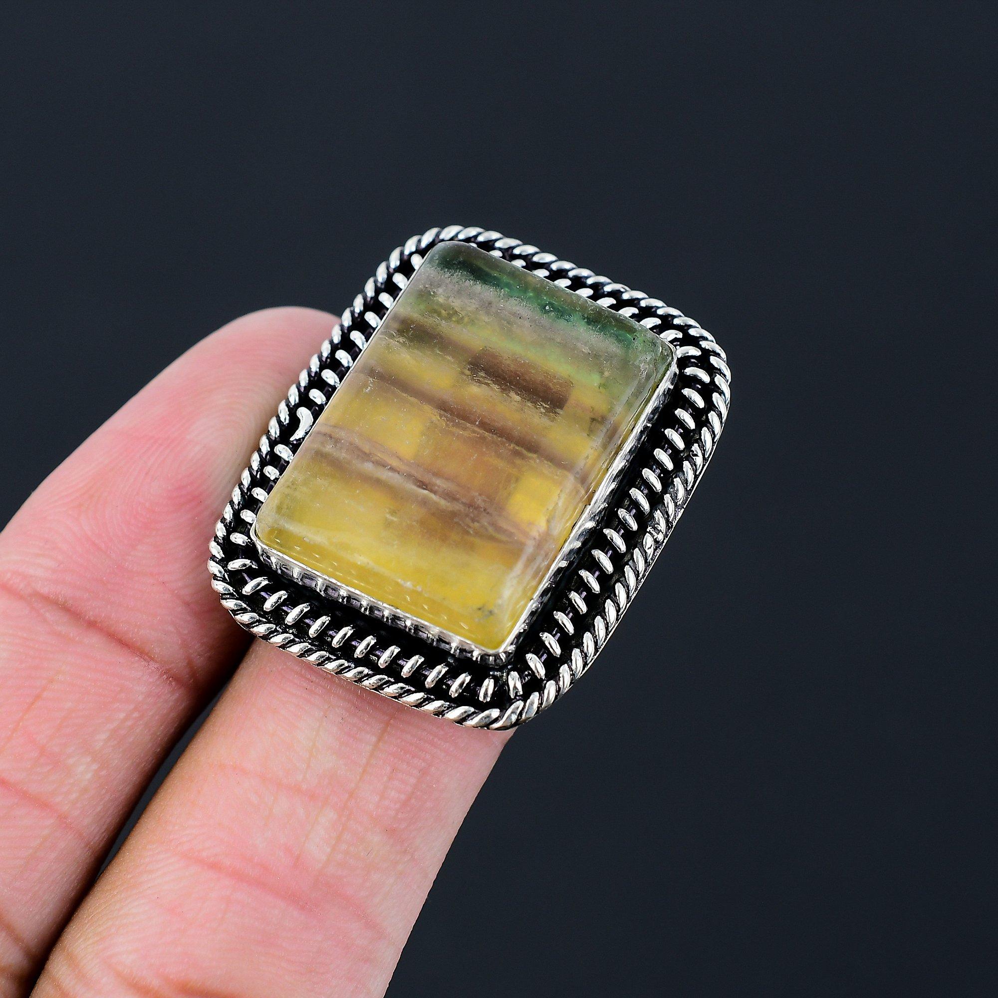 Sisters Day Sale Multi Fluorite Gemstone 925 Silver Boho Statement Ring Size 6.5 6.5