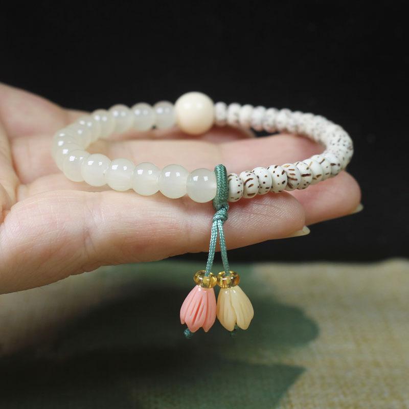 Star Moon Bodhi Beads Bracelet with Flower Pendant, Forest Style Women s Jewelry