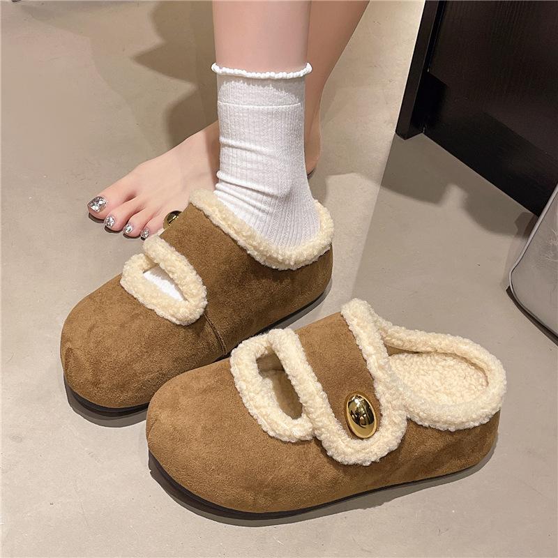 Retro thick-bottomed fluffy slippers for women's outer wear 2025 new winter velvet warm bag head half-drag one-pedal cotton drag