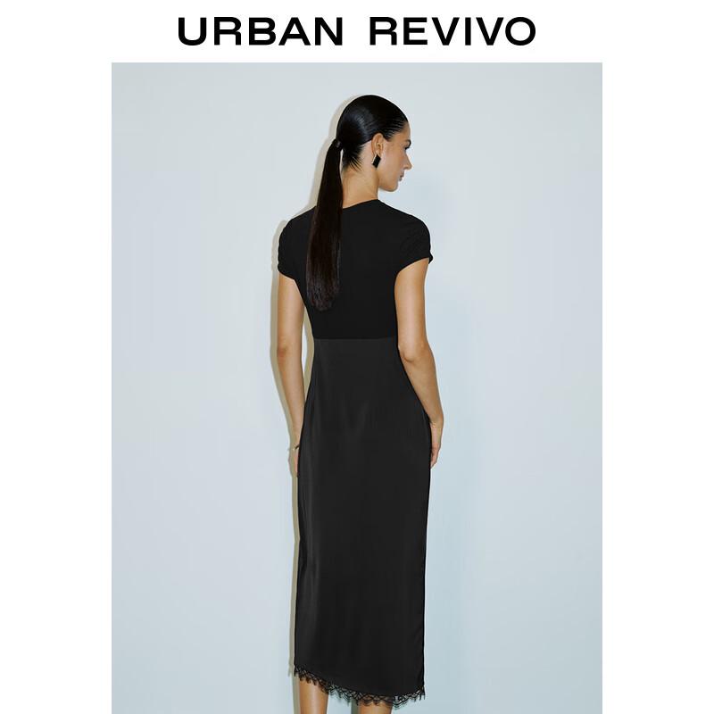 UR 2025 Spring Spliced Lace Pleated Slit Short Sleeve Dress