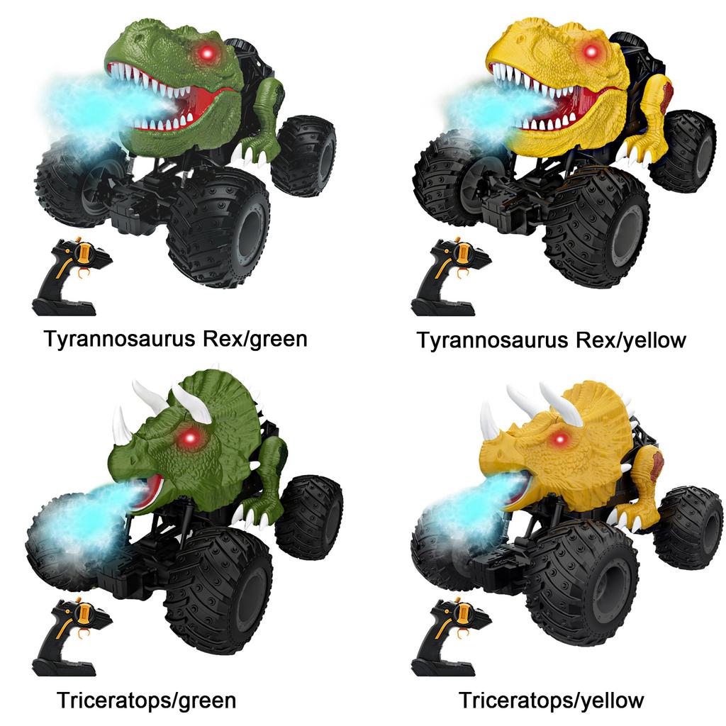 Remote Control Dinosaur Car Triceratops Green RC Stunt Car Toy with Spray and Light
