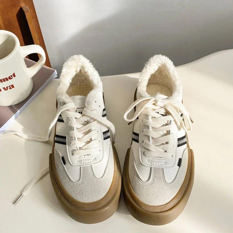 

Зимние плюшевые кроссовки Женская обувь Теплые хлопковые туфли Женские спортивные кроссовки Женские парные Мужские вулканизированные туфли Мех Замша 38