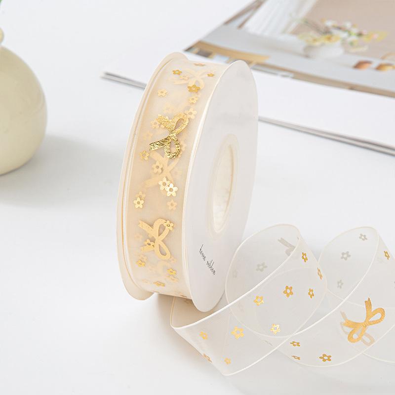 10Yards/Roll Hair Bows DIY Craft Gold Foil Snow Yarn for Gift Wrapping 2.5cm Organza Ribbon Printed Silk Ribbons