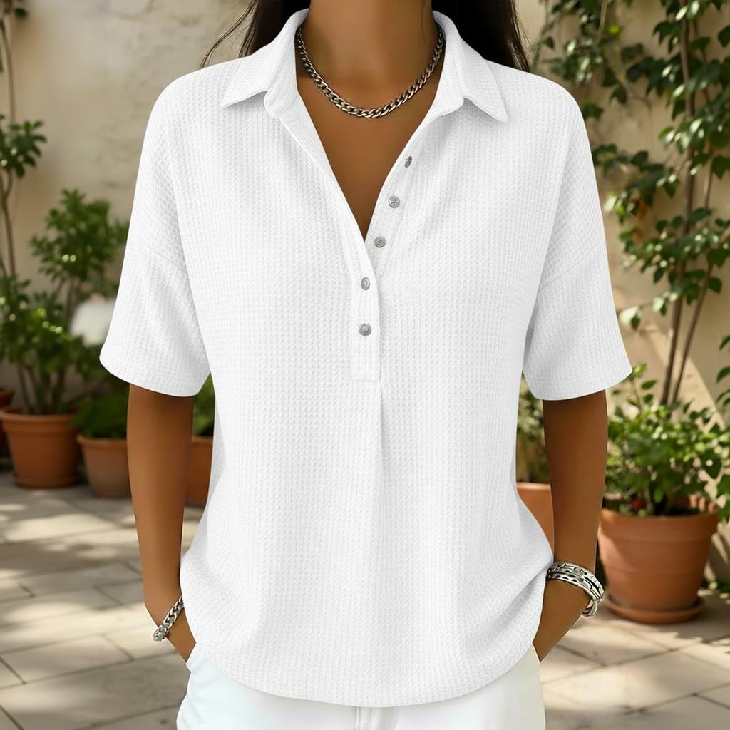 Women's Casual Waffle Knit Polo Shirt Short Sleeve Button Up Relaxed Fit Lightweight Top for Everyday Wear