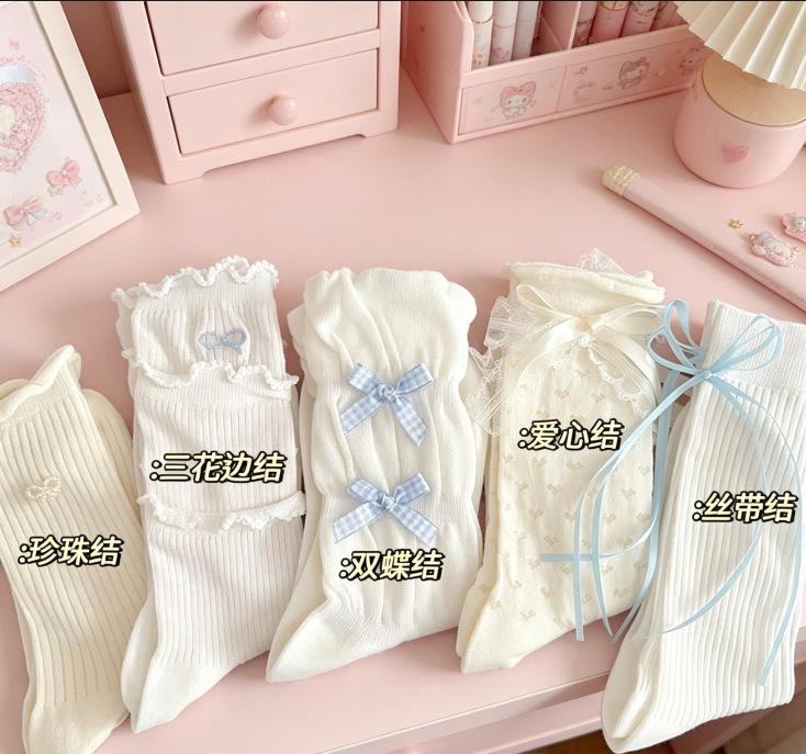 White lace bow socks women's medium tube socks summer thin cotton ballet style stacking socks jk stockings
