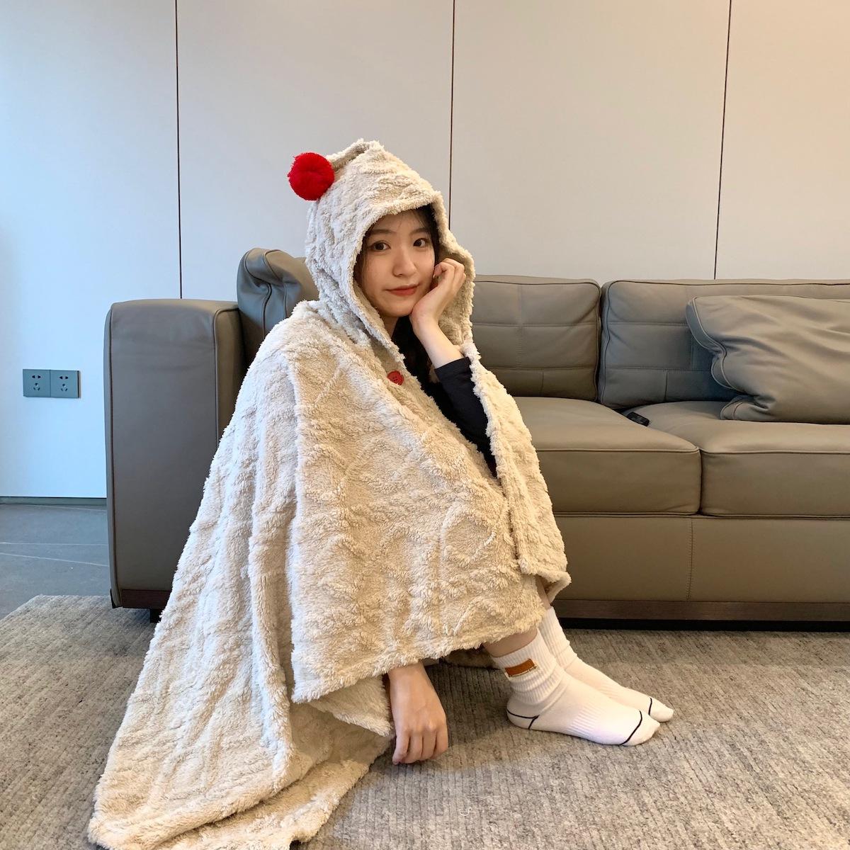 Plush hat shawl blanket office nap blanket thickened leisure blanket sofa blanket хаки