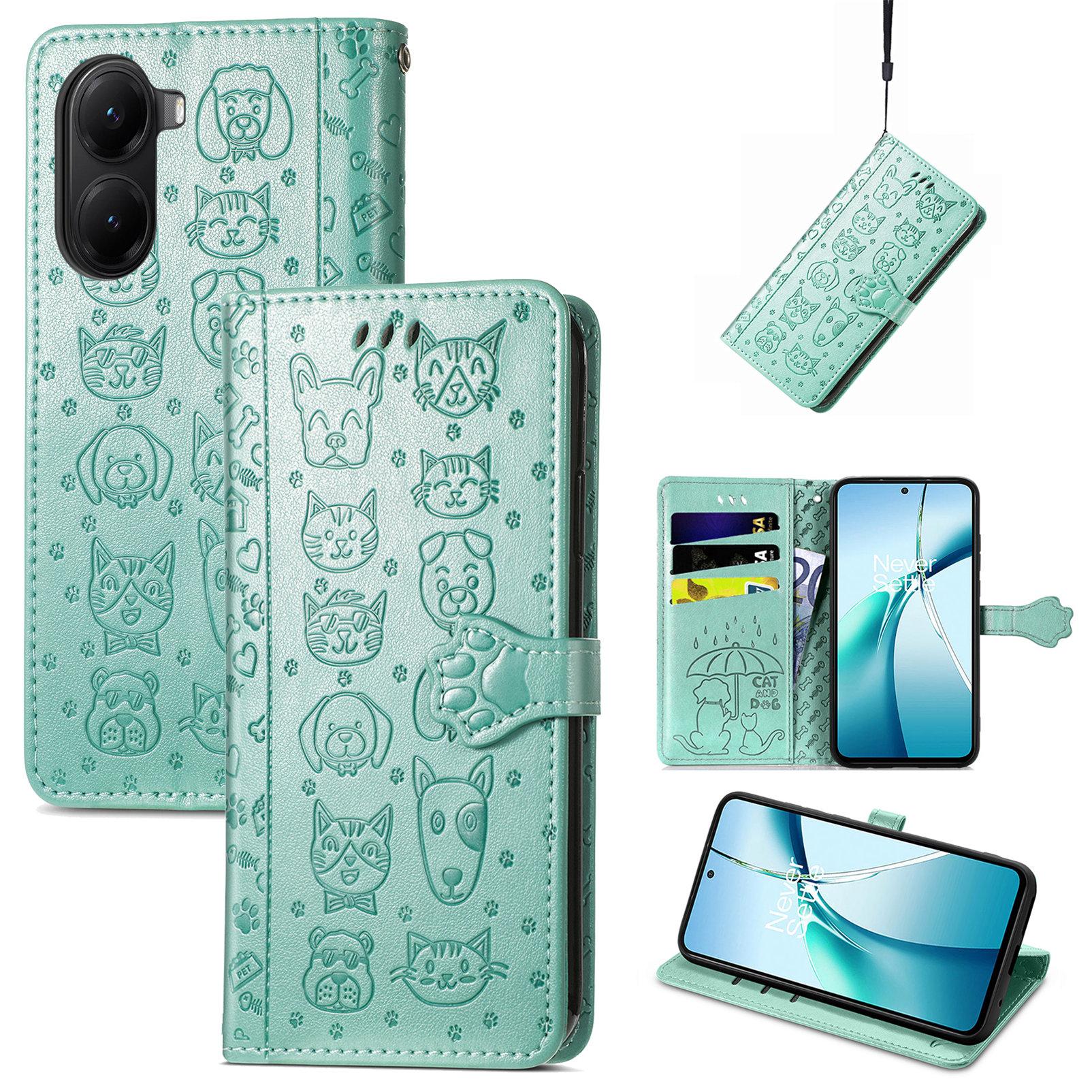

For Xiaomi Redmi Turbo 4 5G/Xiaomi Poco X7 Pro 5G Leather Wallet Case Flip Phone Cover with Cute Cat Dog Pattern Green