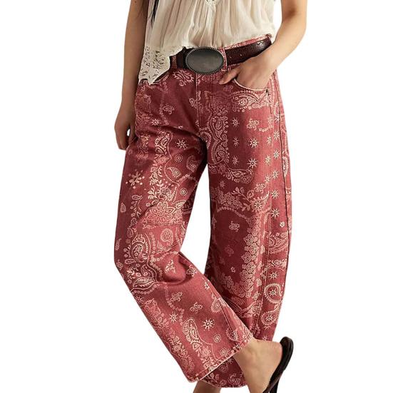 Barrel Jeans for Women Floral Print Boyfriend Baggy Jeans Casual Mid