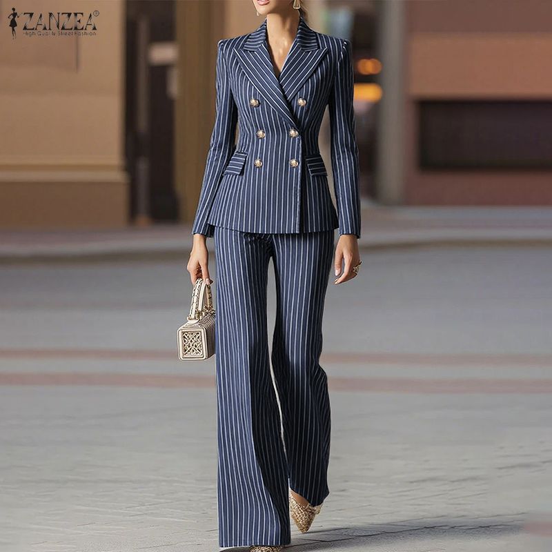 ZANZEA Women Casual Blazer and Pants Stripe Print Two Piece Suit Sets