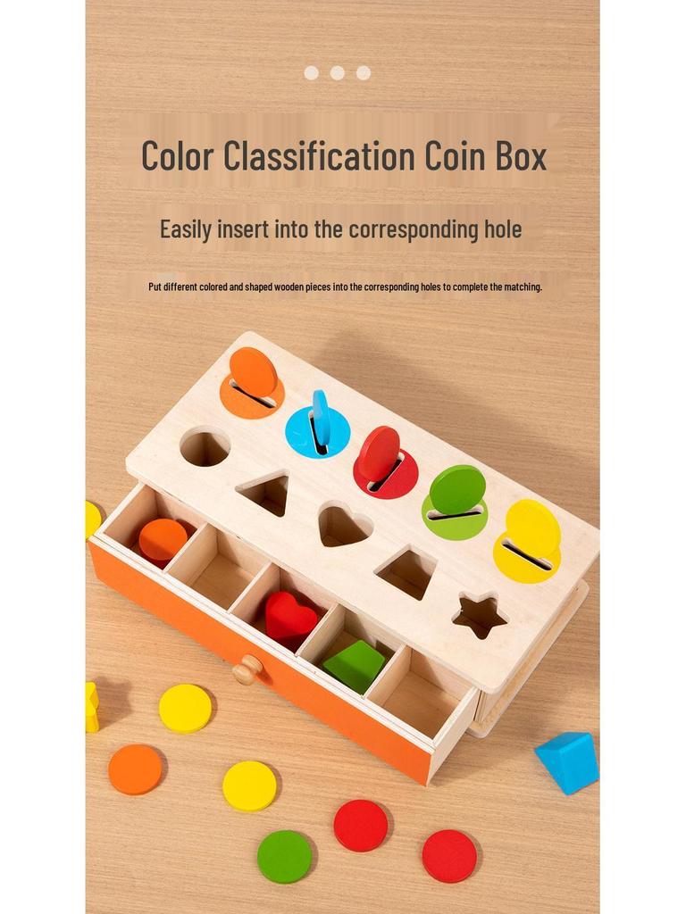 Montessori Early Education Coin Box with Color & Shape Matching Blocks - Educational Wooden Toy