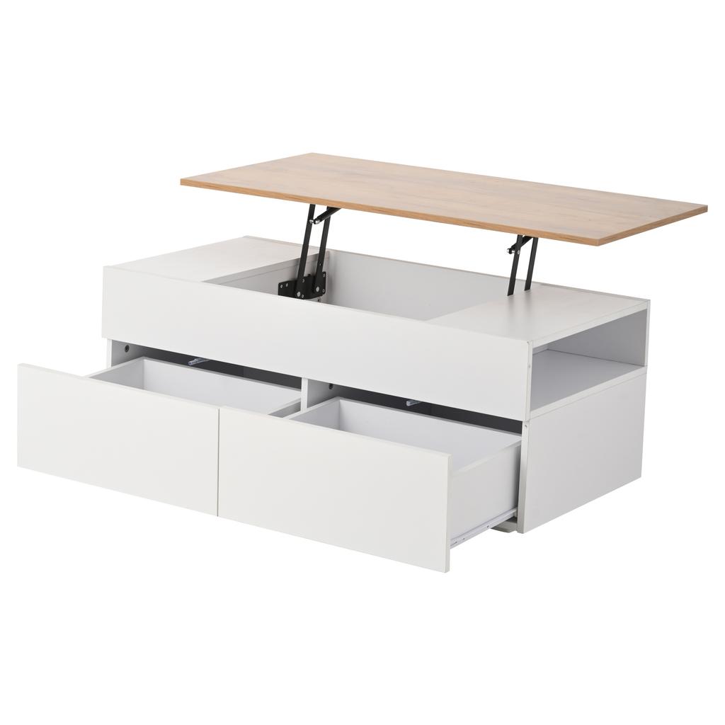100*50*40cm Height-Adjustable Coffee Table with Hidden Storage, 2 Drawers, Semi-Open Storage, in White + Wood Color