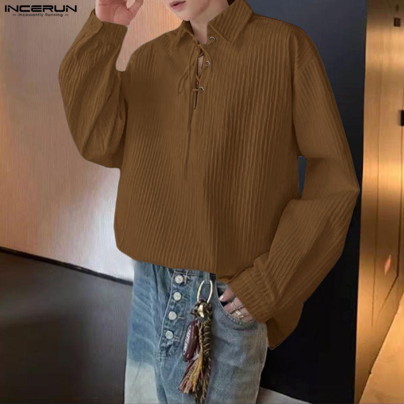 INCERUN Men Long Sleeve Bandage Eyelet Decorative Texture Casual Loose Pullover Tops