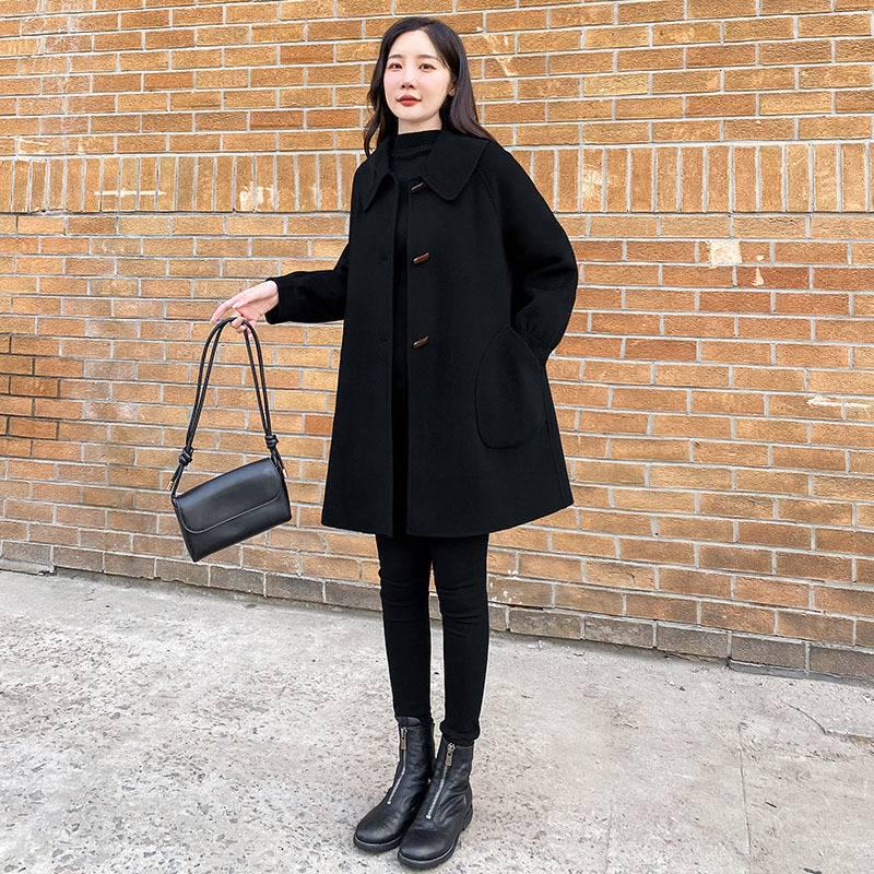 

2025 Autumn/Winter Korean Style Loose Woolen Horn Button Coat - Women s Mid-Length Slimming Temperament Overcoat S (Suitable for 85-105 pounds)
