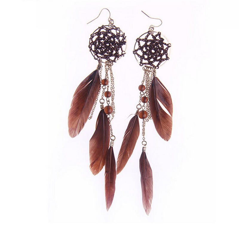 New Bohemia Ethnic Feather Beads Long Design Dream Catcher Earrings For Women