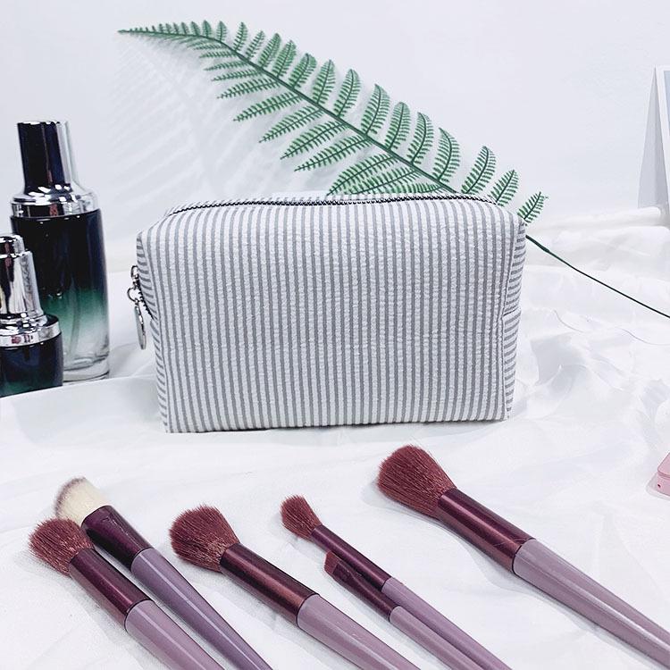 Seersucker Makeup & Toiletry Bag: Large Capacity, Embroidered, Striped Travel Clutch