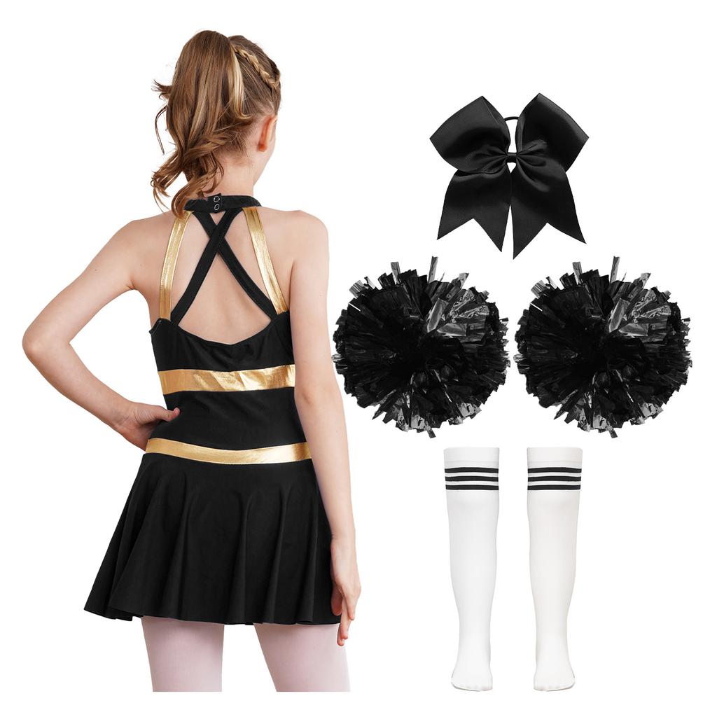 Kids Girls Cheerleading Outfits Letter Print Patchwork Sleeveless Dance Dress Bowknot Headwear Hand Flowers Striped Tube Socks