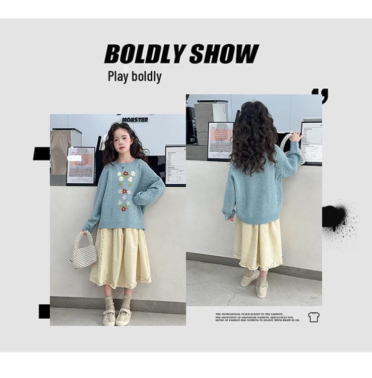 Strickpullover & Rock Set für Mädchen Herbst 2025 - Zweiteiler im koreanischen Stil für große Kinder.