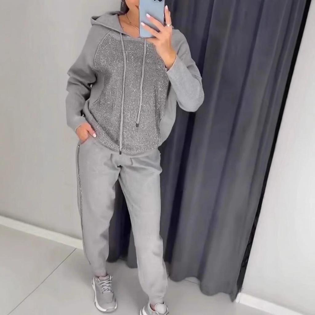 Women's Sets Plus Size Solid Color Long Sleeves with Pockets Rhinestone Hooded Sweatshirt Trousers 2 Piece Set Clothes Sale