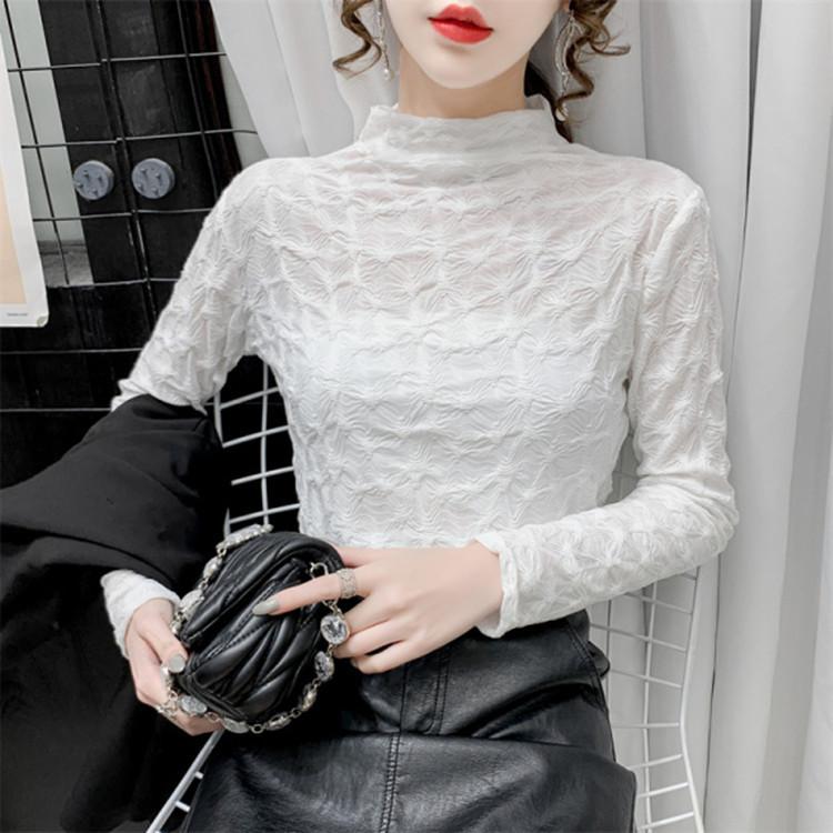 Stand-up Collar Pleated Long-sleeved Lace Shirt for Women In Autumn and Winter Slim Stand Collar Inner Bottom Top Lace Shirt