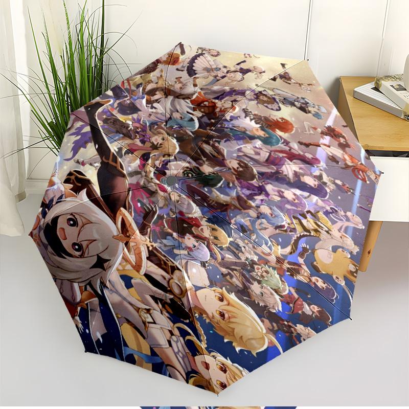 Genshin Impact Print Automatic Open Close Umbrella, Portable Foldable Umbrella, for Outdoor Commute Camping Trip, Ideal Birthday Gift
