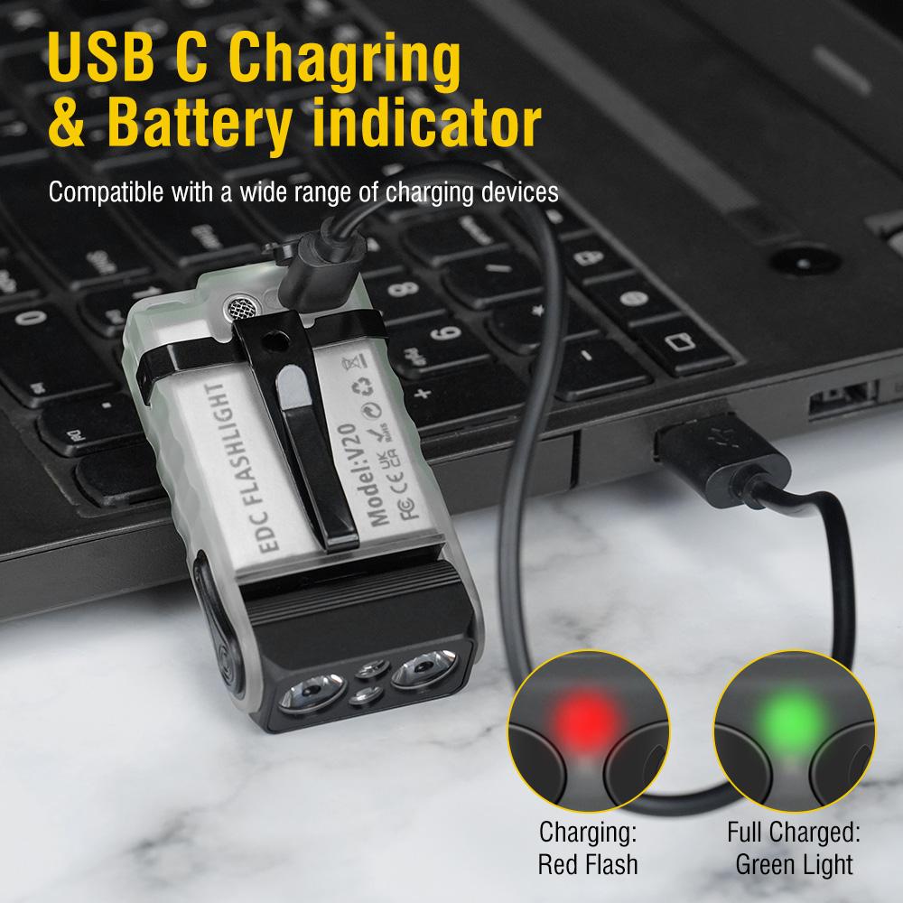 V20 Keychain EDC LED Flashlight Head Swivels Type-C Rechargeable Magnet Torch Buzzer Work Light with Clip Magnet Lantern