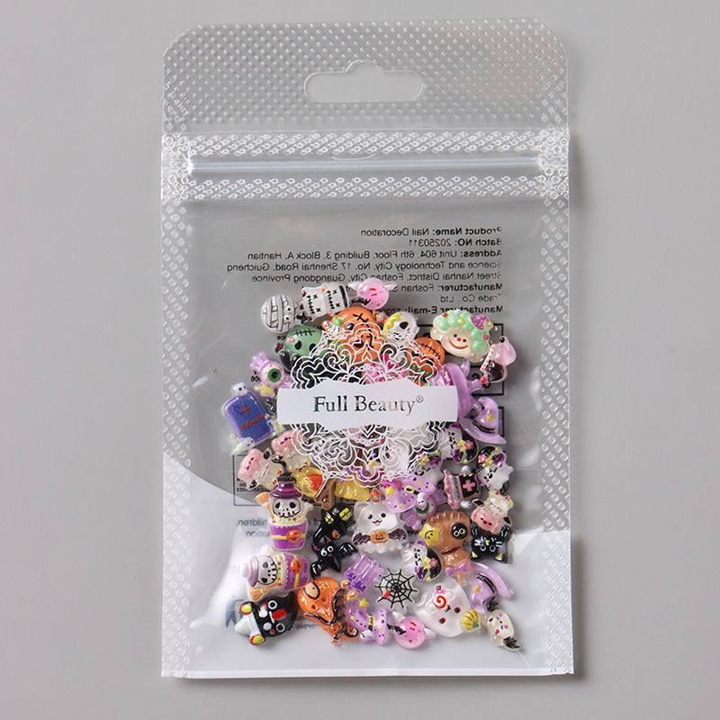 50/100Pcs Kawaii Halloween Nail Charms Cartoon Pumpkin Ghost Cat Mixed Sized Resin Ornaments Cute Spider Web Bat Nail Decor