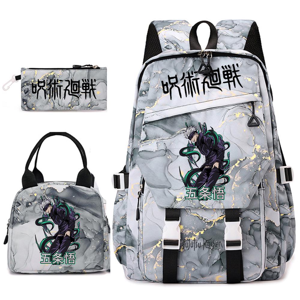 Anime Jujutsu Kaisen Backpack Set for Girls 3pcs School Bookbag Lunch Bag Pencil Case Casual Travel Rucksack